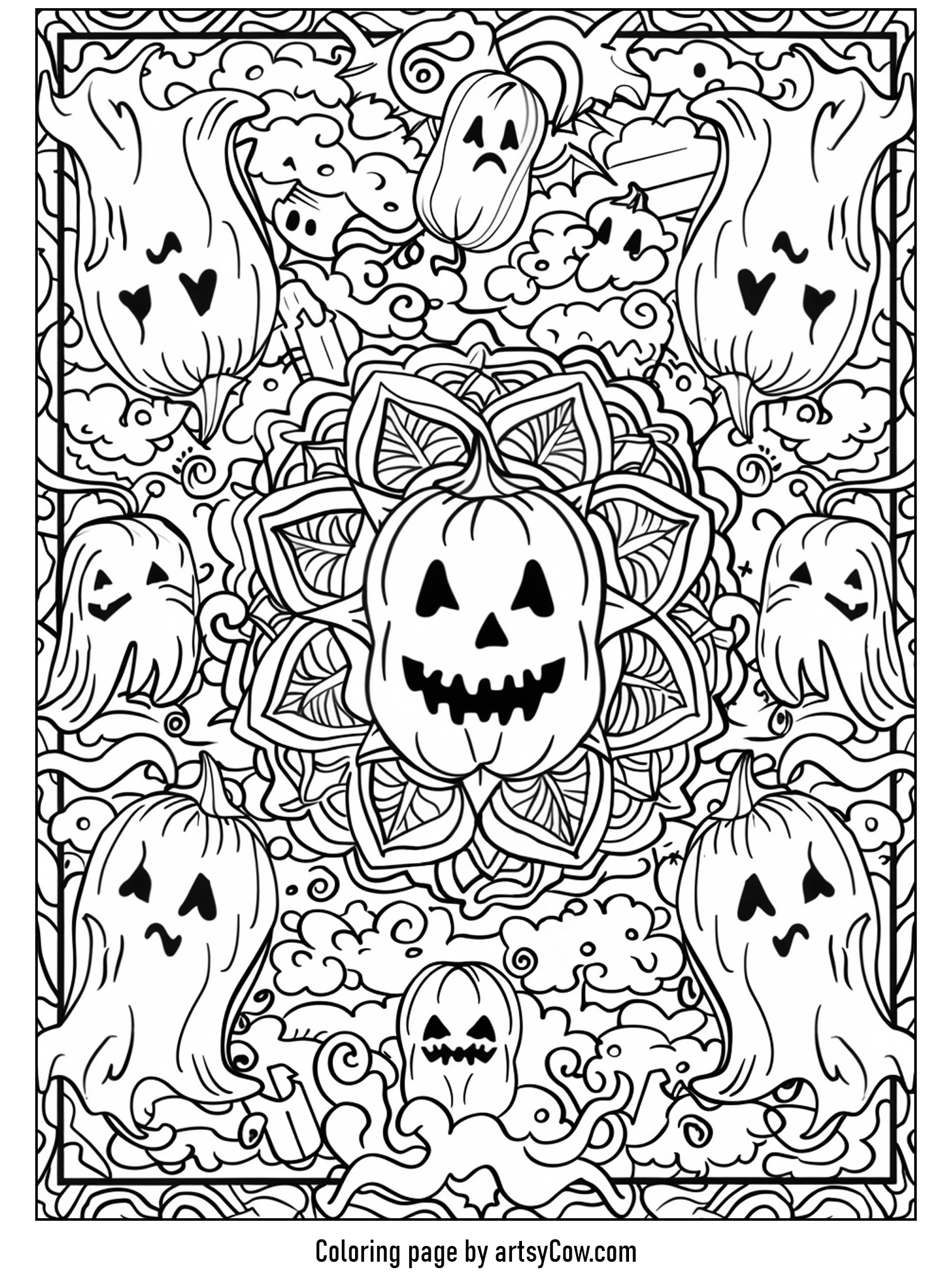halloween ghost mandala, featuring an array of charming ghostly figures, whimsical pumpkins, and intricate cloud designs